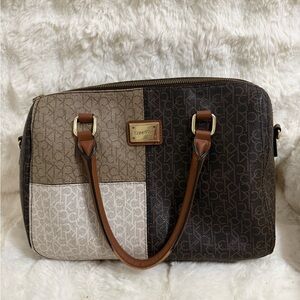 Calvin Klein Tri-Tone Patchwork Satchel in Brown and Cream